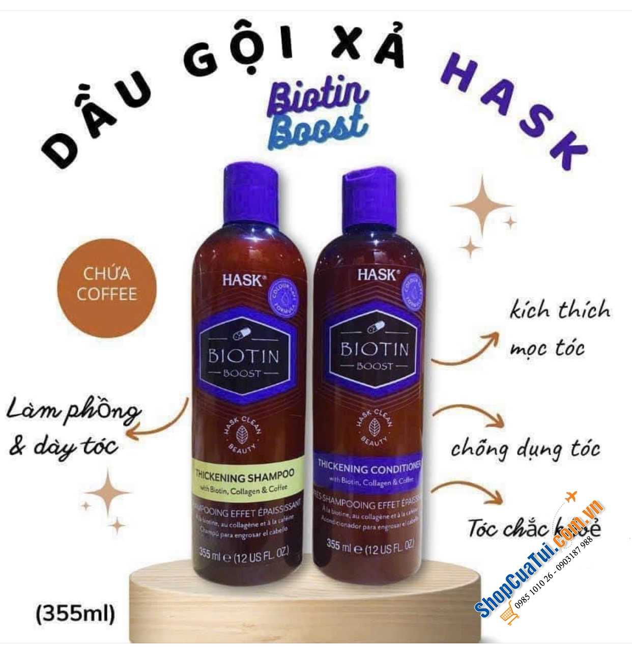 CẶP DẦU GỘI VÀ XẢ HASK BIOTIN BOOST LÀM DÀY TÓC 355ml, ngăn rụng tóc