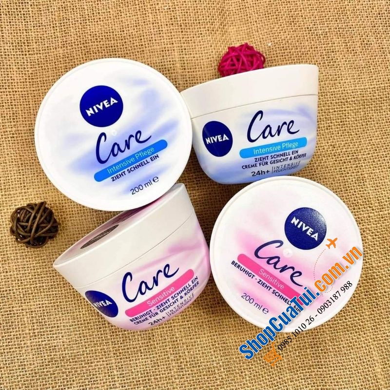 Kem Dưỡng Ẩm Nivea Care hũ 200ml - Màu hồng cho da siêu nhạy cảm, màu xanh cho da thường