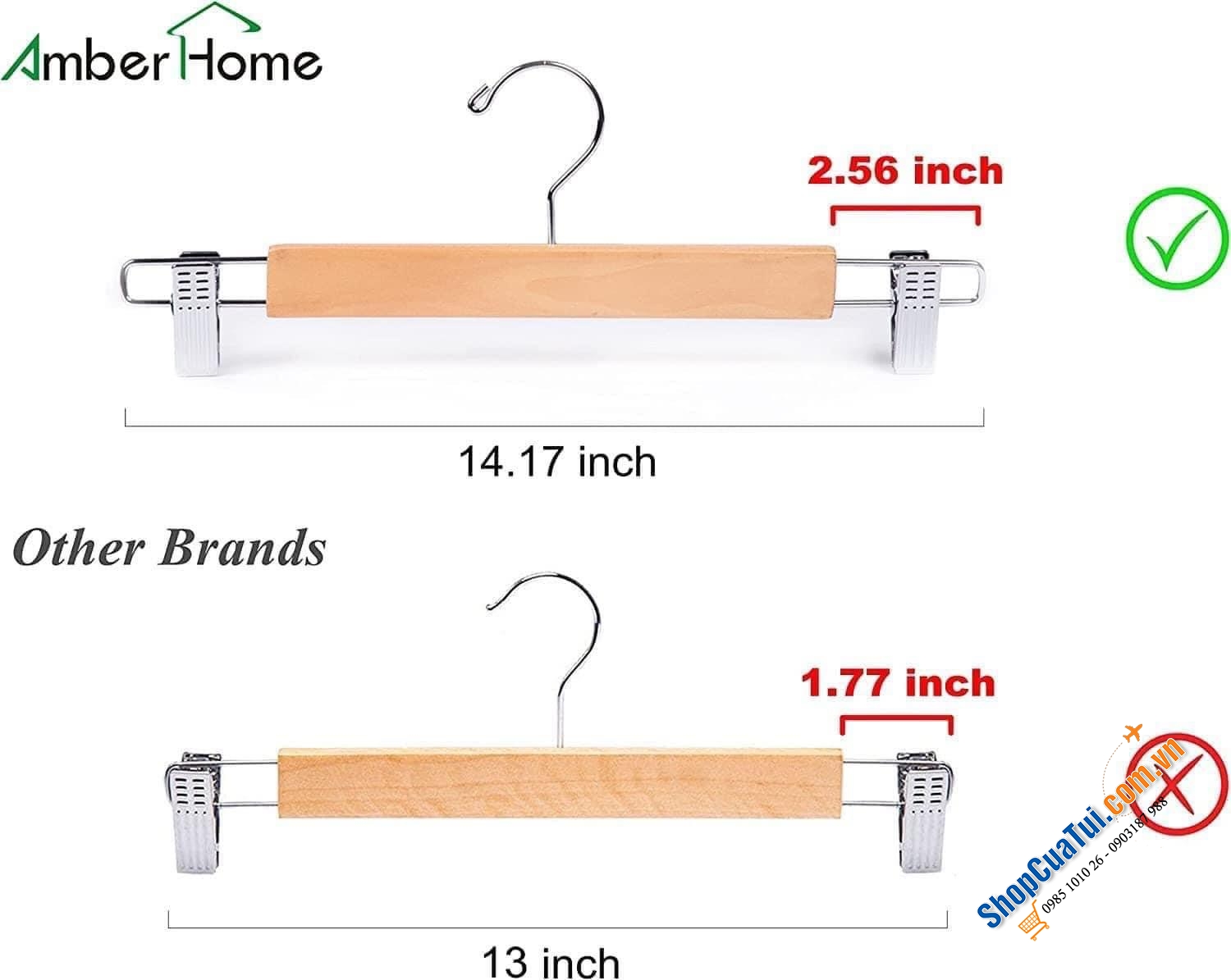 SET 20 MÓC TREO QUẦN AMBER HOME - móc quần áo bằng gỗ chất lượng cao và phụ kiện kẹp kim loại