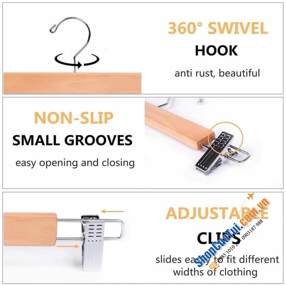 SET 20 MÓC TREO QUẦN AMBER HOME - móc quần áo bằng gỗ chất lượng cao và phụ kiện kẹp kim loại