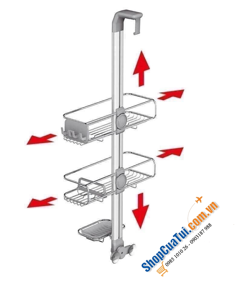 GIÁ TREO ĐỰNG DỤNG CỤ NHÀ TẮM CADDY SIMPLEHUMAN gồm 2 khay đựng đồ, 1 khay đựng xà bông tắm, móc treo cạo râu, bông tắm,....