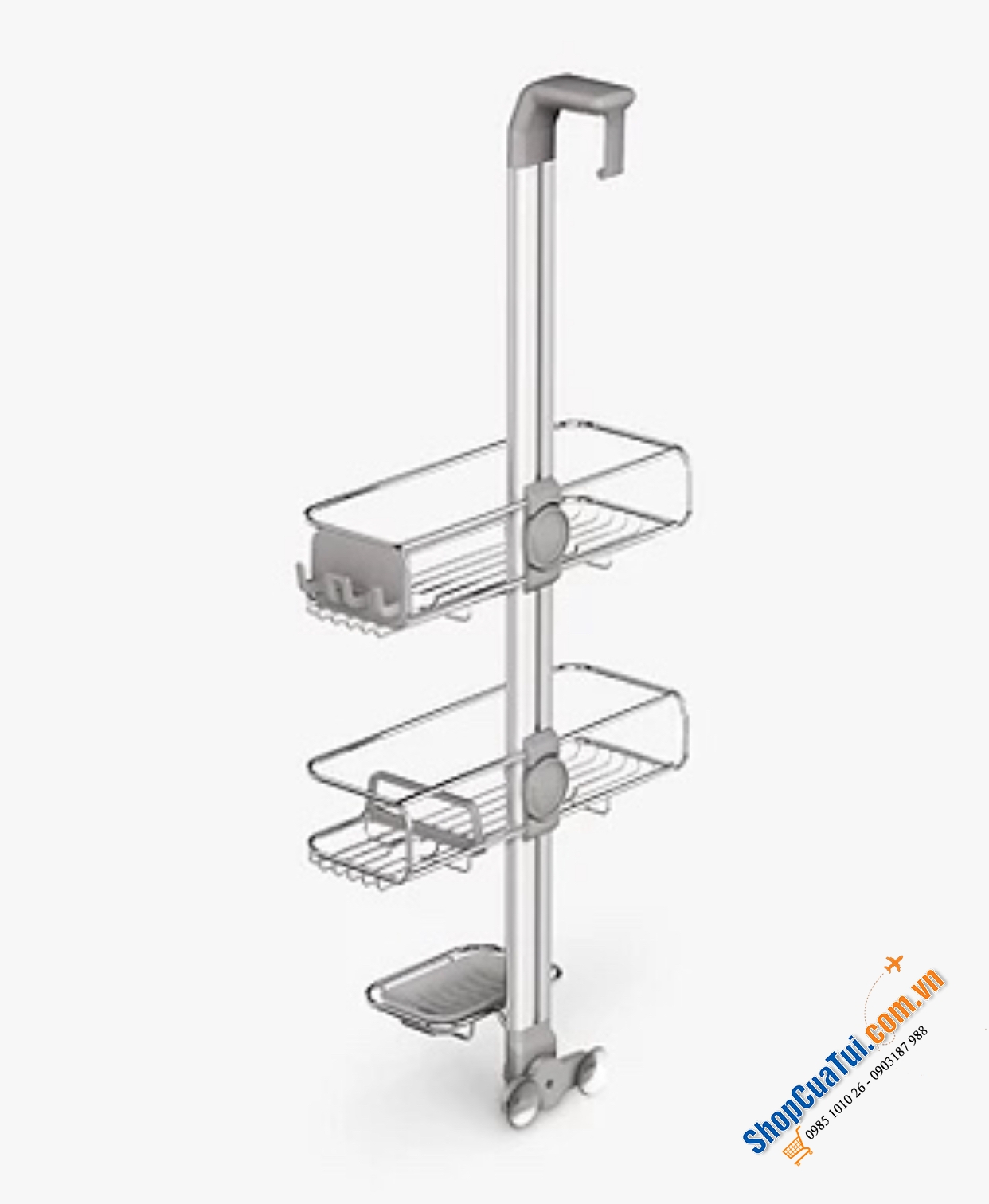 GIÁ TREO ĐỰNG DỤNG CỤ NHÀ TẮM CADDY SIMPLEHUMAN gồm 2 khay đựng đồ, 1 khay đựng xà bông tắm, móc treo cạo râu, bông tắm,....