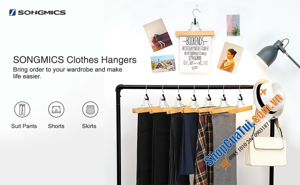 SET 12 MÓC QUẦN GỖ SONGMICS CAO CẤP Có đệm lót nỉ mềm mại, giúp tăng độ ma sát giữa móc treo và quần áo SIÊU KHÔNG TRƯỢT,  tránh được các vết nhăn và biến dạng