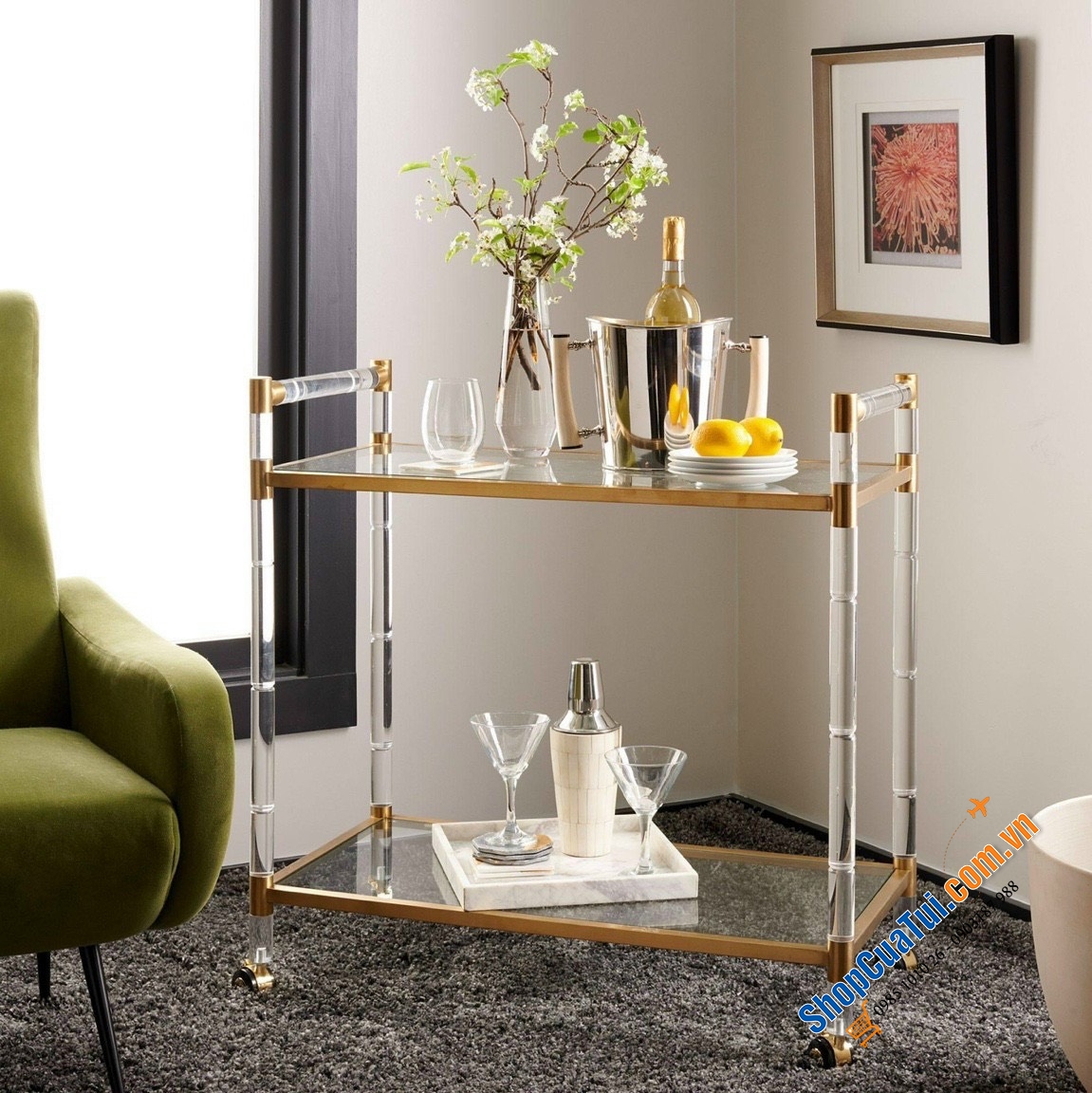 Bar cart cao cấp Safavieh- Để đồ uống, hoa quả, đồ decor,... xe đẩy sang đẹp