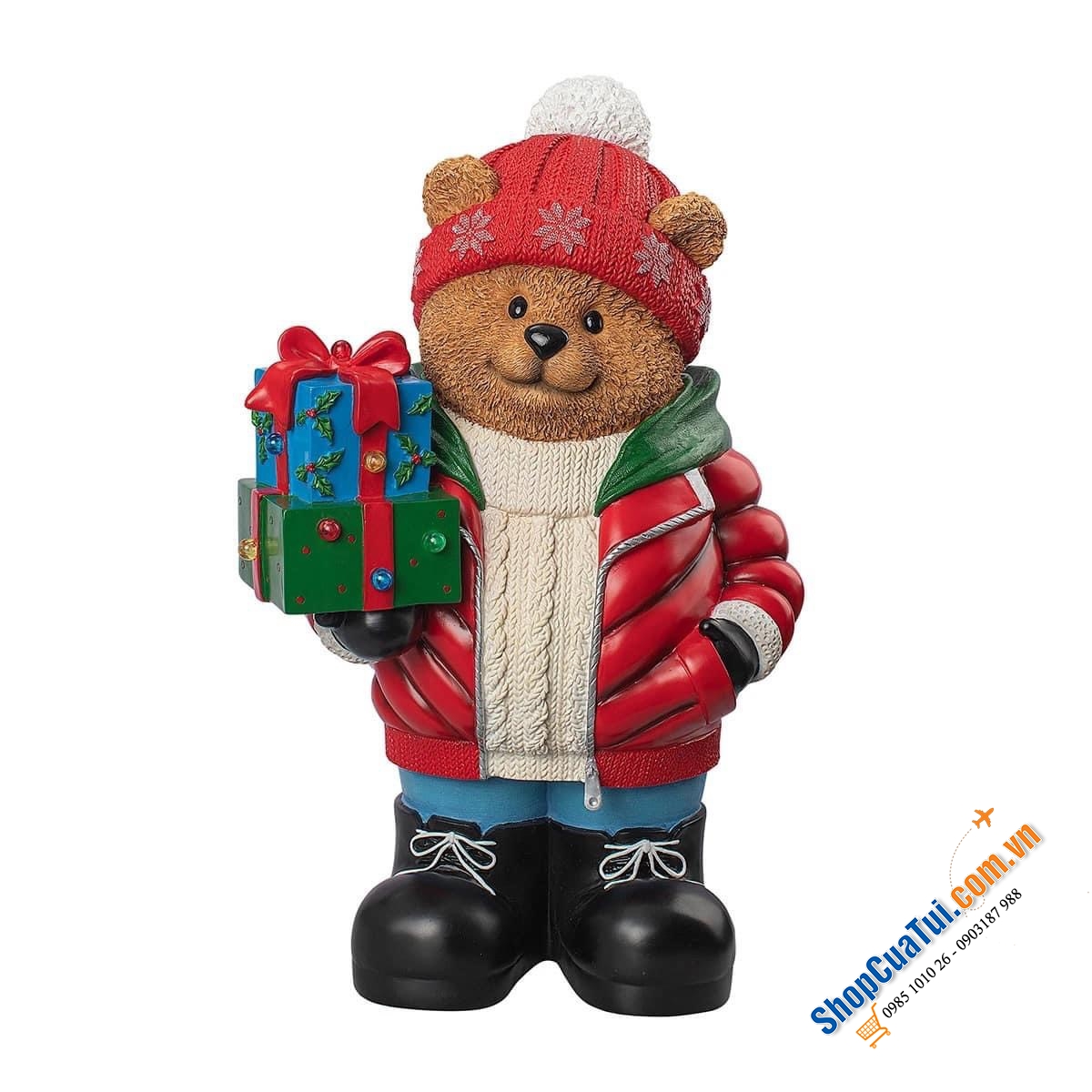 Gấu trang trí noel siêu xinh - Chú gấu nâu ôm gói quà được trang trí bằng đèn LED