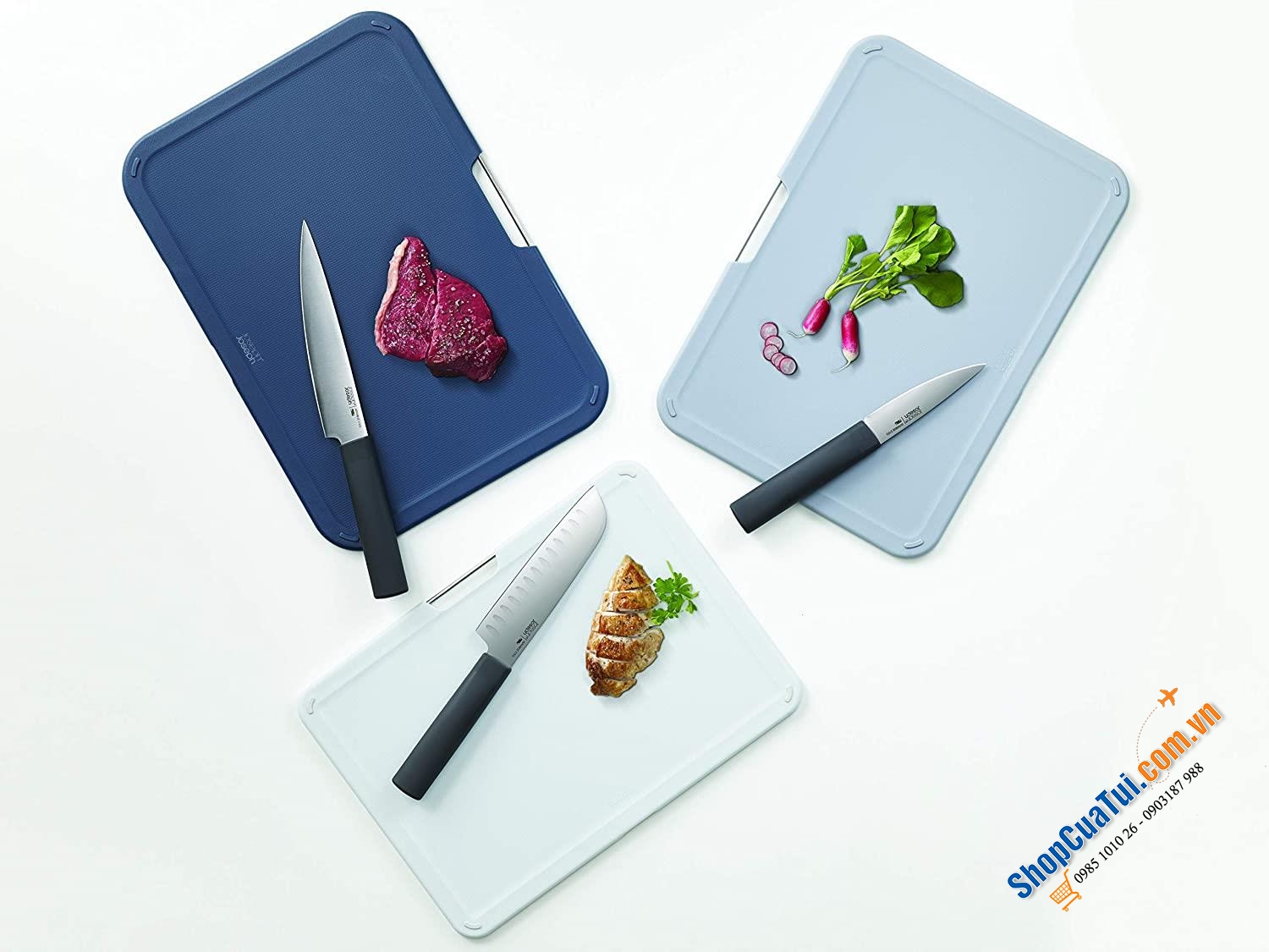 Bộ dao thớt Joseph Joseph 60194 mẫu mới gồm  3 dao, 3 thớt