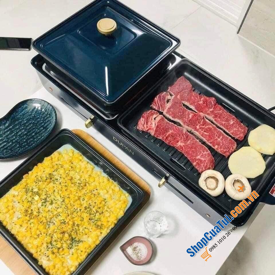 Bếp lẩu nướng Dupan - Daewoo 2IN1 phiên bản mới màu xanh Navy - kèm 3 khay lớn: khay lẩu, khay nướng và khay chiên xào