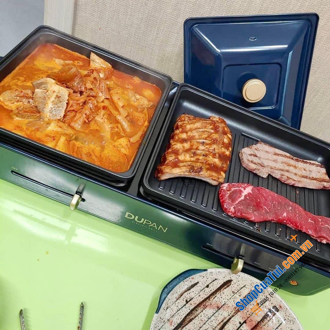Bếp lẩu nướng Dupan - Daewoo 2IN1 phiên bản mới màu xanh Navy - kèm 3 khay lớn: khay lẩu, khay nướng và khay chiên xào