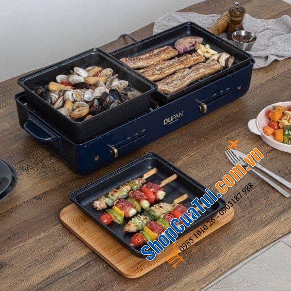 Bếp lẩu nướng Dupan - Daewoo 2IN1 phiên bản mới màu xanh Navy - kèm 3 khay lớn: khay lẩu, khay nướng và khay chiên xào