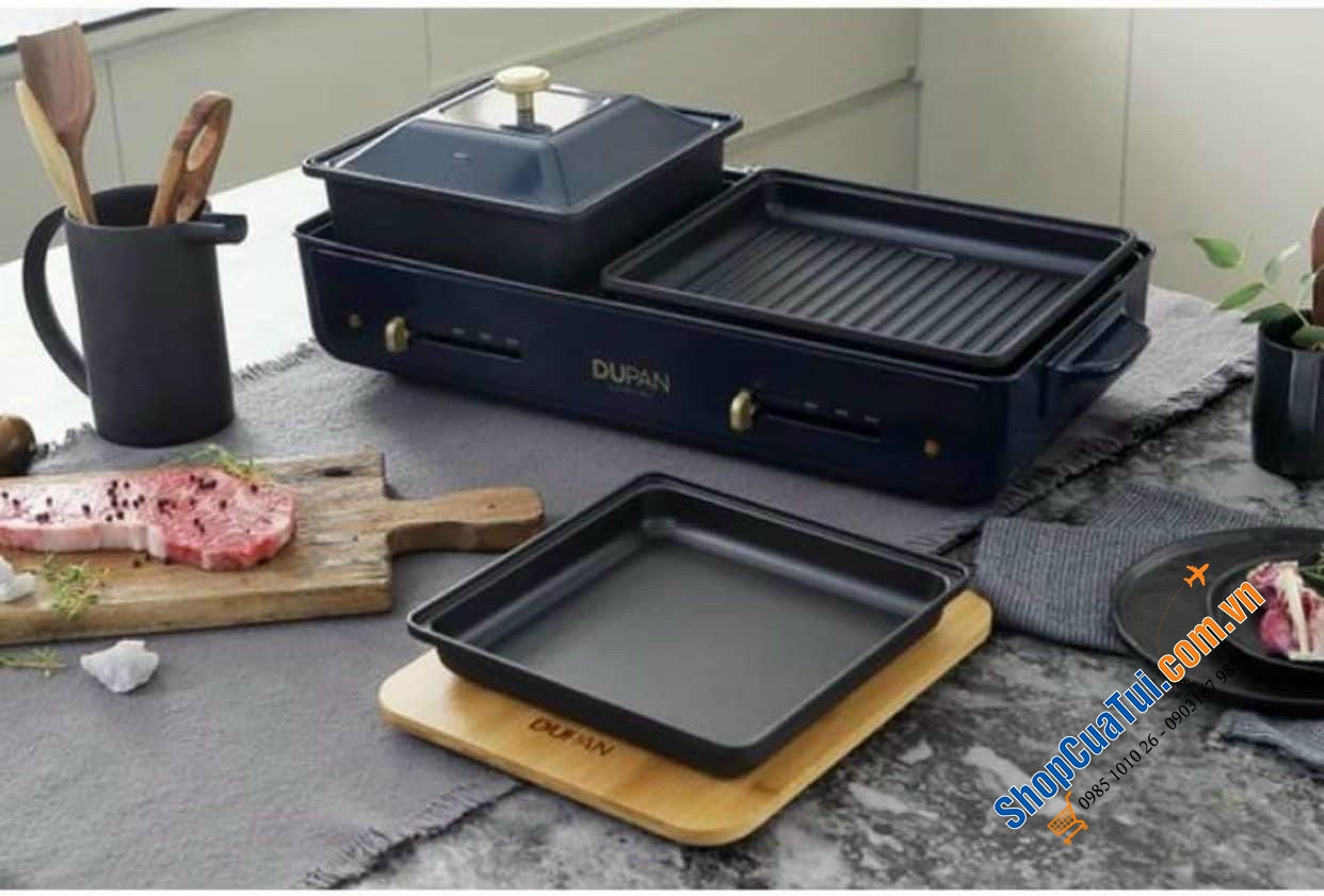 Bếp lẩu nướng Dupan - Daewoo 2IN1 phiên bản mới màu xanh Navy - kèm 3 khay lớn: khay lẩu, khay nướng và khay chiên xào