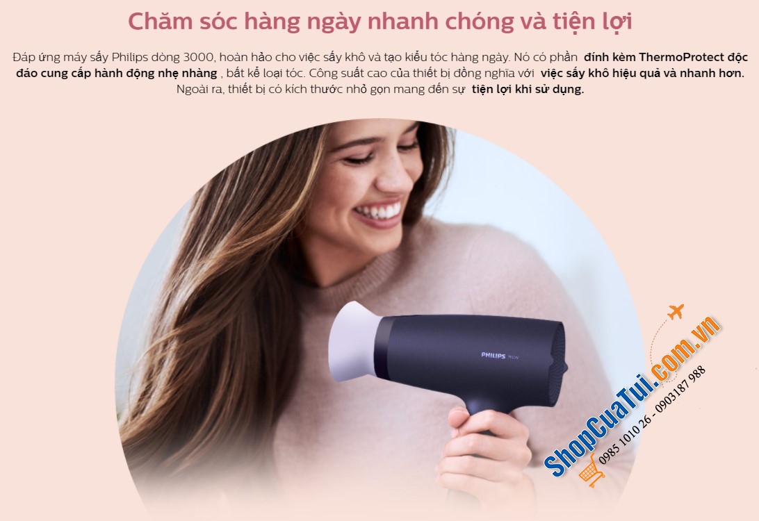 MÁY SẤY TÓC PHILIPS SERIES 3000 BHD340/10 MÀU TÍM - Kiểu dáng sang trọng cùng công suất mạnh mẽ 2100W sấy tóc mau khô