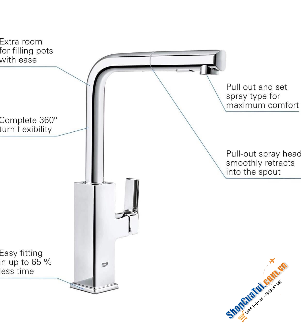 Grohe Tallinn - Vòi bếp có vòi xịt xả kéo Tallinn, vòi xoay 360, cao hình chữ L, mạ crôm