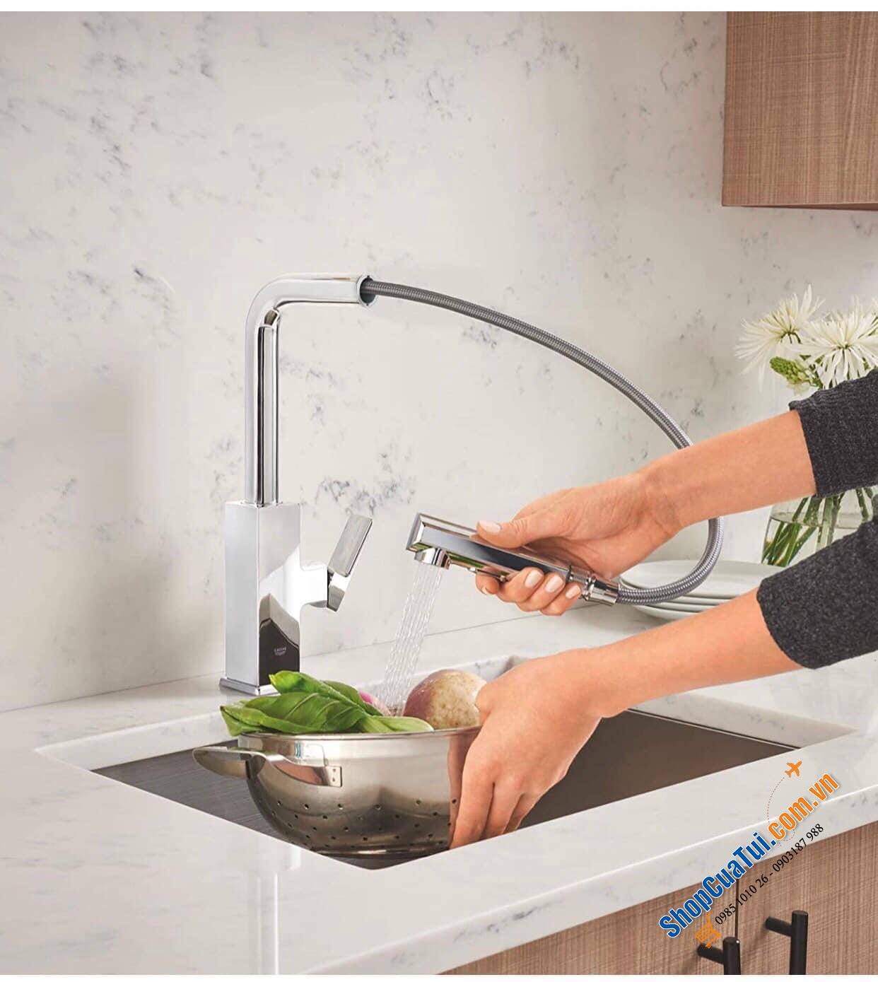 Grohe Tallinn - Vòi bếp có vòi xịt xả kéo Tallinn, vòi xoay 360, cao hình chữ L, mạ crôm