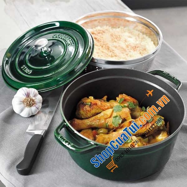 Nồi gang STAUB 26CM kèm xửng hấp - Nồi xửng Staub 5,2 Lít màu ghi, màu xanh húng quế