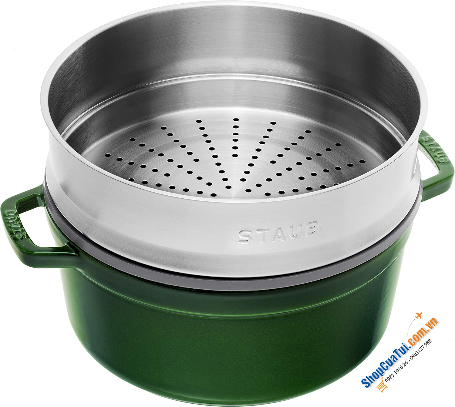 Nồi gang STAUB 26CM kèm xửng hấp - Nồi xửng Staub 5,2 Lít màu ghi, màu xanh húng quế