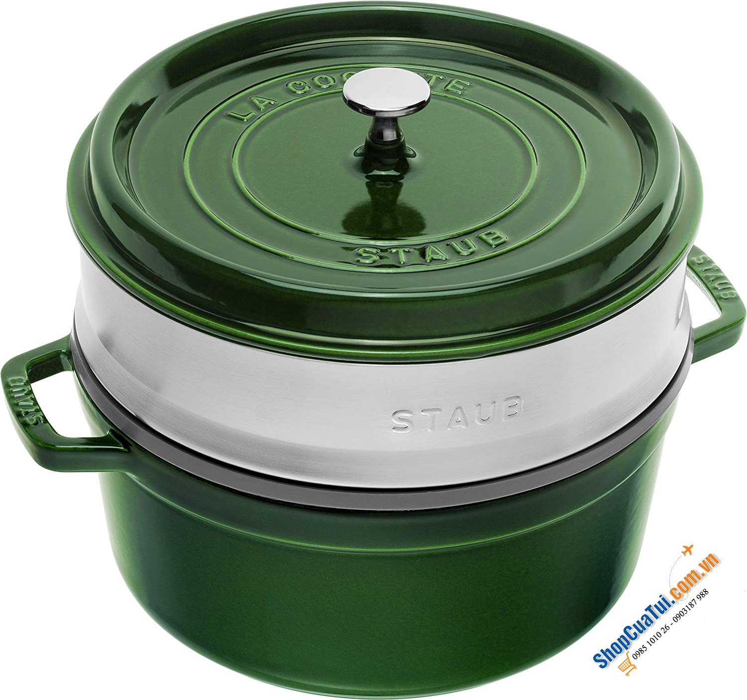 Nồi gang STAUB 26CM kèm xửng hấp - Nồi xửng Staub 5,2 Lít màu ghi, màu xanh húng quế