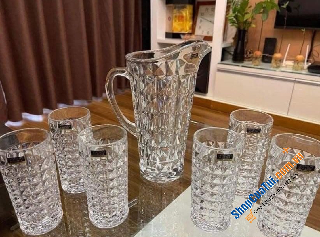 Combo: bộ 1 bình đựng nước dung tích 1250 ml và 6 cốc 260ml dòng pha lê Bohemia Diamond - Dòng kim cương- Đỉnh cao của pha lê cao cấp Sản xuất trực tiếp tại Séc