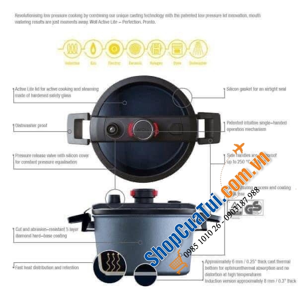 Nồi Áp Suất Woll 120-1DALI Size 24cm 5 Lít, MADE IN GERMANY - truyền nhiệt nhanh, phù hợp với nhiều loại bếp: Bếp từ, bếp hồng ngoại, bếp Halogen, bếp gas, lò nướng,...