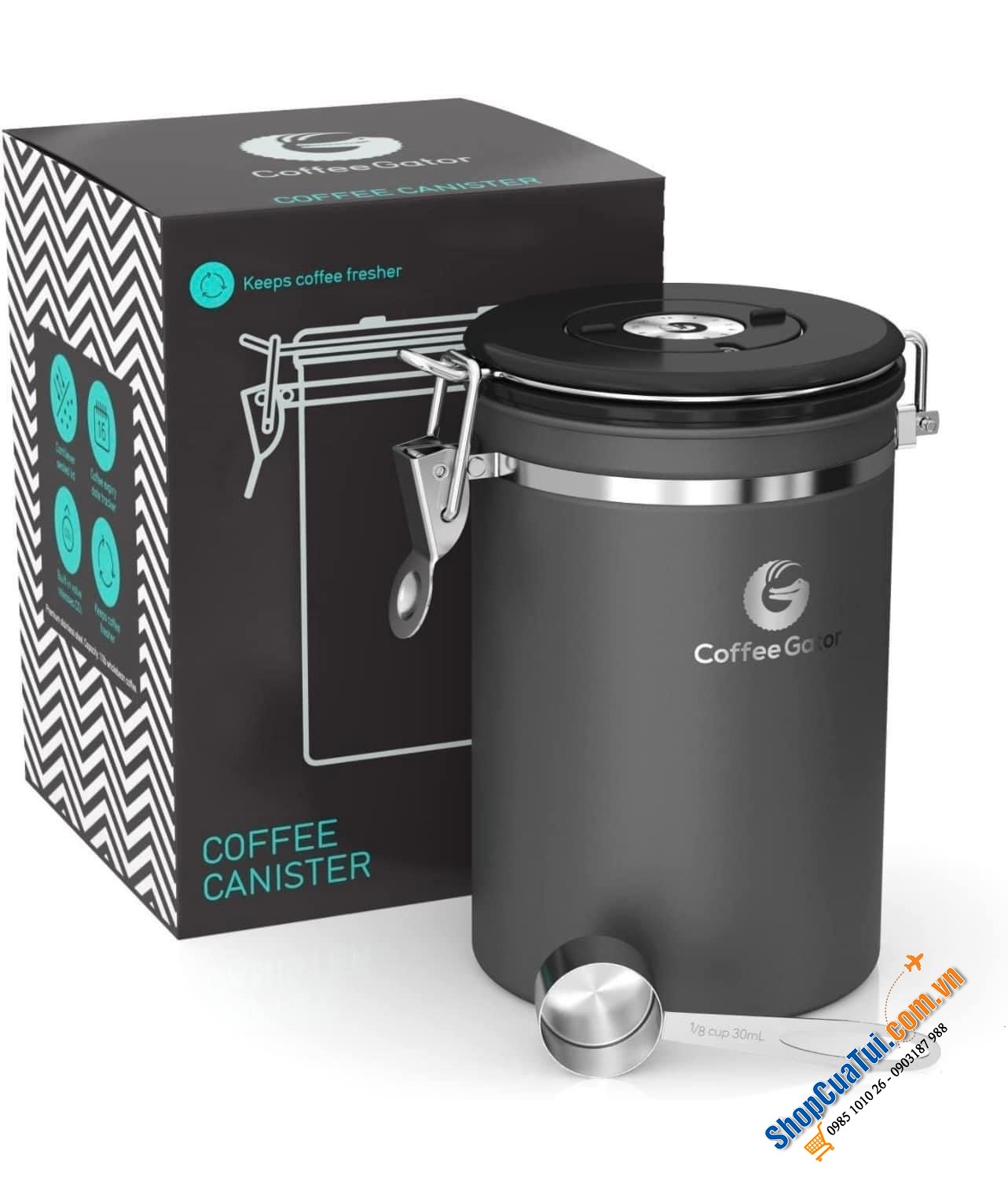 Hộp đựng cà phê bằng thép không gỉ Coffee Gator size lớn 1,9L- Giữ cho cà phê và đậu xay tươi lâu hơn - Hộp đựng có Theo dõi ngày tháng, Van xả CO2 và Thìa đo (Xám, inox), Thép không gỉ