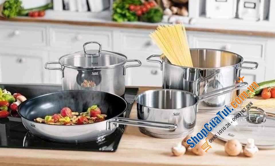 Bộ nồi Silit Scalea 6 món có chảo, Vung kính cường lực, quai cầm cách nhiệt, đa năng dùng cho mọi loại bếp, kể cả bếp từ