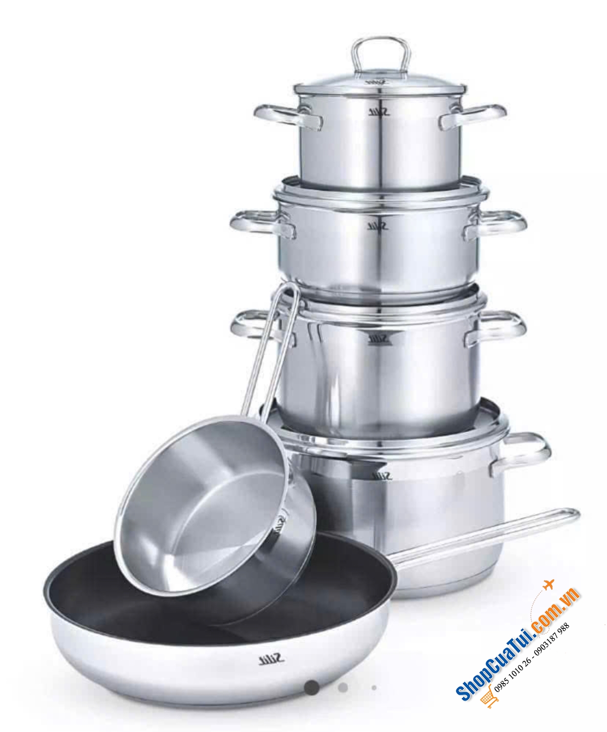 Bộ nồi Silit Scalea 6 món có chảo, Vung kính cường lực, quai cầm cách nhiệt, đa năng dùng cho mọi loại bếp, kể cả bếp từ