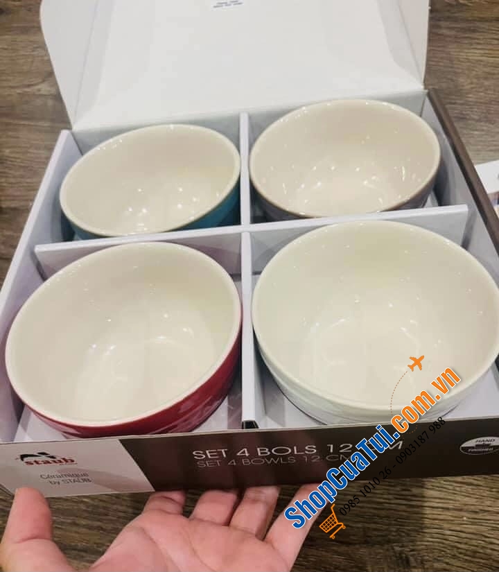 SET 4 BÁT ĂN STAUB - KÈM HỘP CHÍNH HÃNG TẶNG - 12cm, kết hợp 4 màu xanh, đỏ, trắng, xám