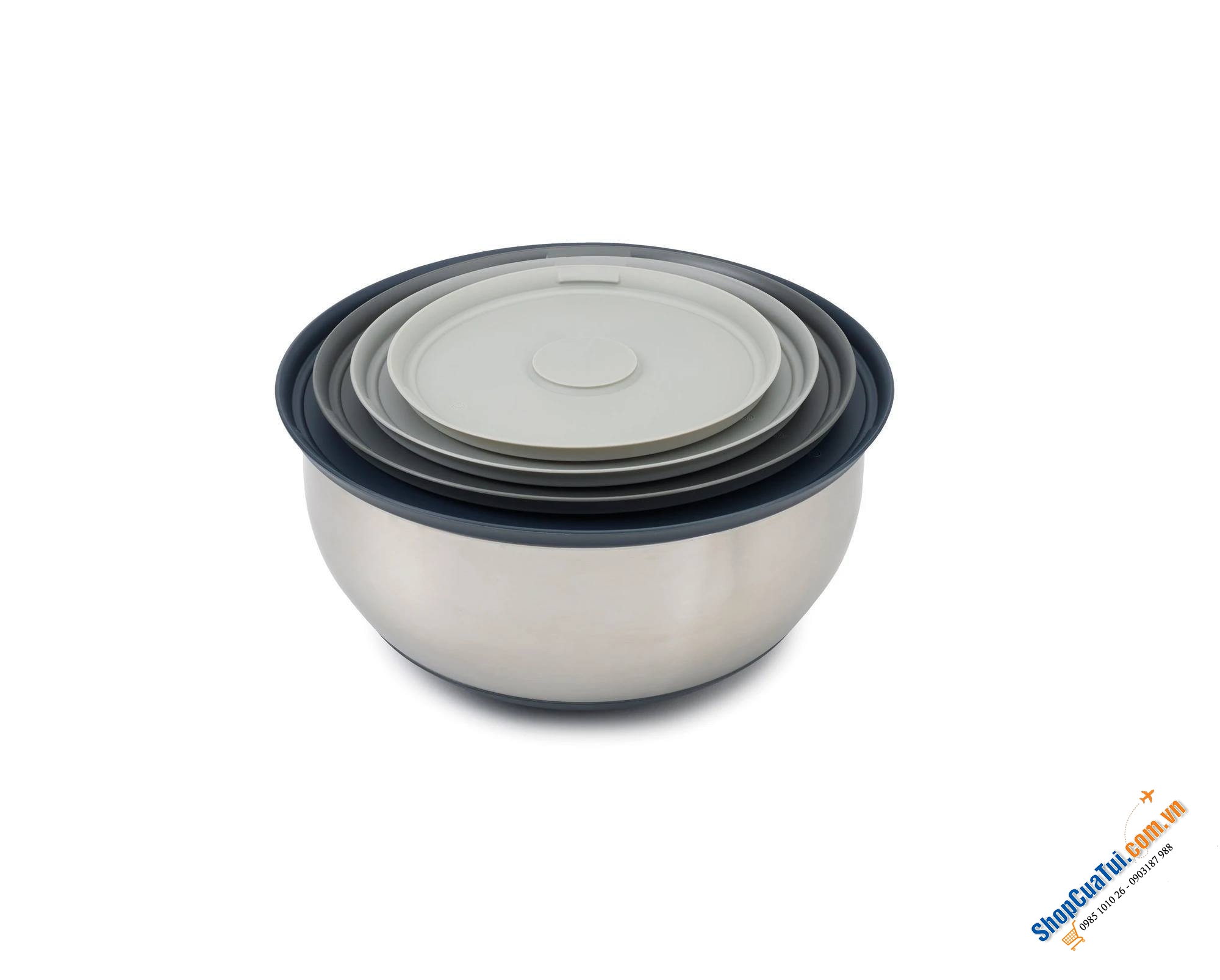 Sét 4 âu inox Joseph Joseph 95025 Prep&Store Bowl Set Steel, có nắp đậy riêng, dễ dàng chế biến thức ăn rồi cất gọn