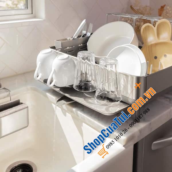 Giá úp bát Simplehuman mẫu mới 2021- chống vân tay, luôn sáng bóng, có hai khay hứng nước (thay thế model cũ 1 khay), hàng cao cấp bằng thép không gỉ