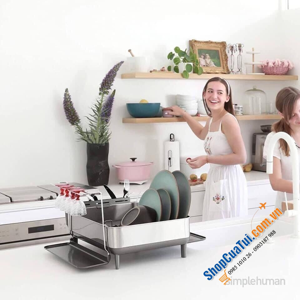 Giá úp bát Simplehuman mẫu mới 2021- chống vân tay, luôn sáng bóng, có hai khay hứng nước (thay thế model cũ 1 khay), hàng cao cấp bằng thép không gỉ