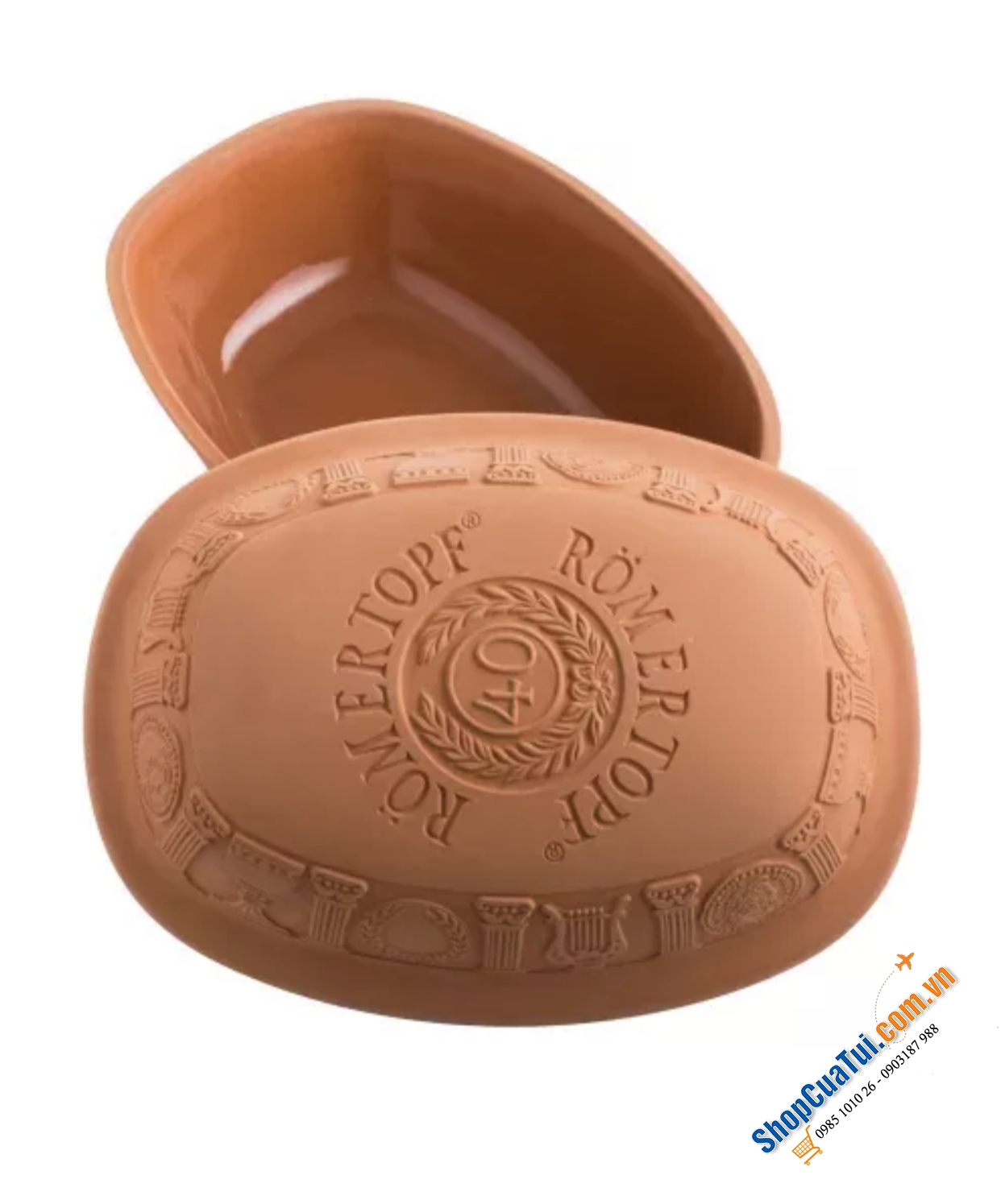 NỒI NƯỚNG GỐM ĐỨC MADE IN GERMANY RÖMERTOPF JUBILÄUM - Hoạ tiết La Mã - Kích thước 34 x 19 x 25 cm. (3,5 Lít)