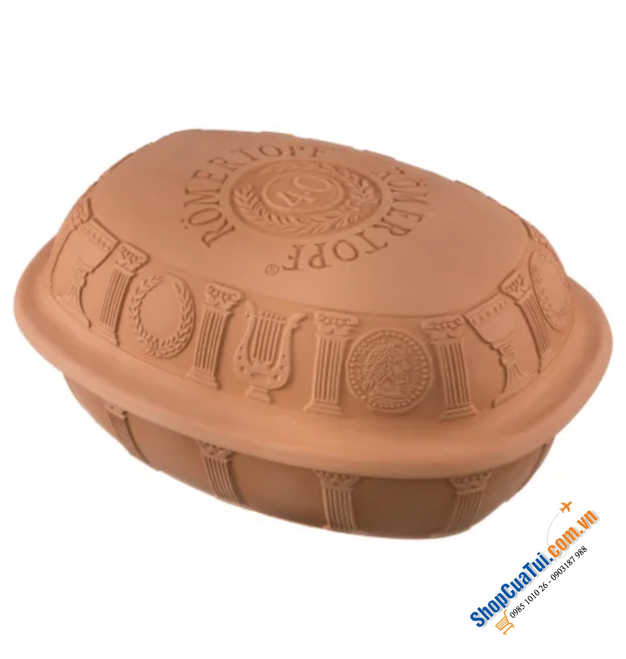 NỒI NƯỚNG GỐM ĐỨC MADE IN GERMANY RÖMERTOPF JUBILÄUM - Hoạ tiết La Mã - Kích thước 34 x 19 x 25 cm. (3,5 Lít)