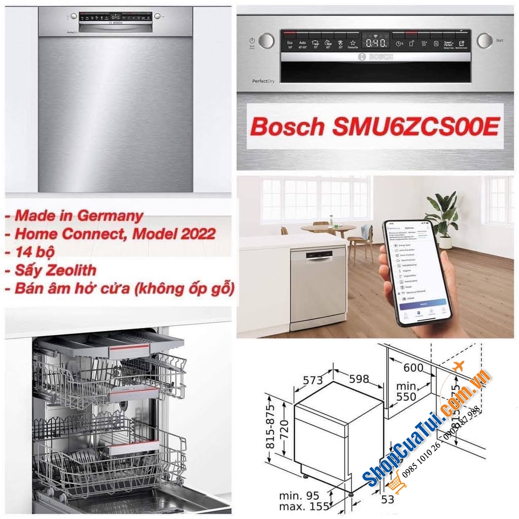 Máy Rửa Bát Âm tủ Bosch SMI6ZCS00E seri 6 với công suất rửa 14 bộ bát đũa Châu Âu, gồm 6 chương trình rửa cơ bản, tiết kiệm năng lượng