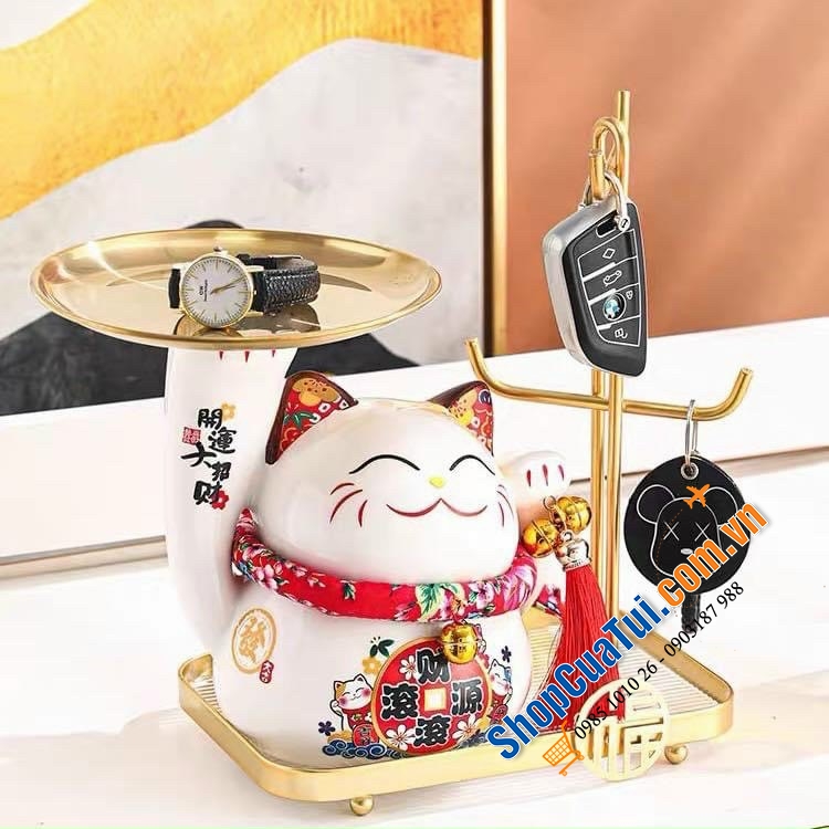 Mèo thần tài bưng mâm 20,3cm size nhí màu đỏ quá nổi bật, may mắn