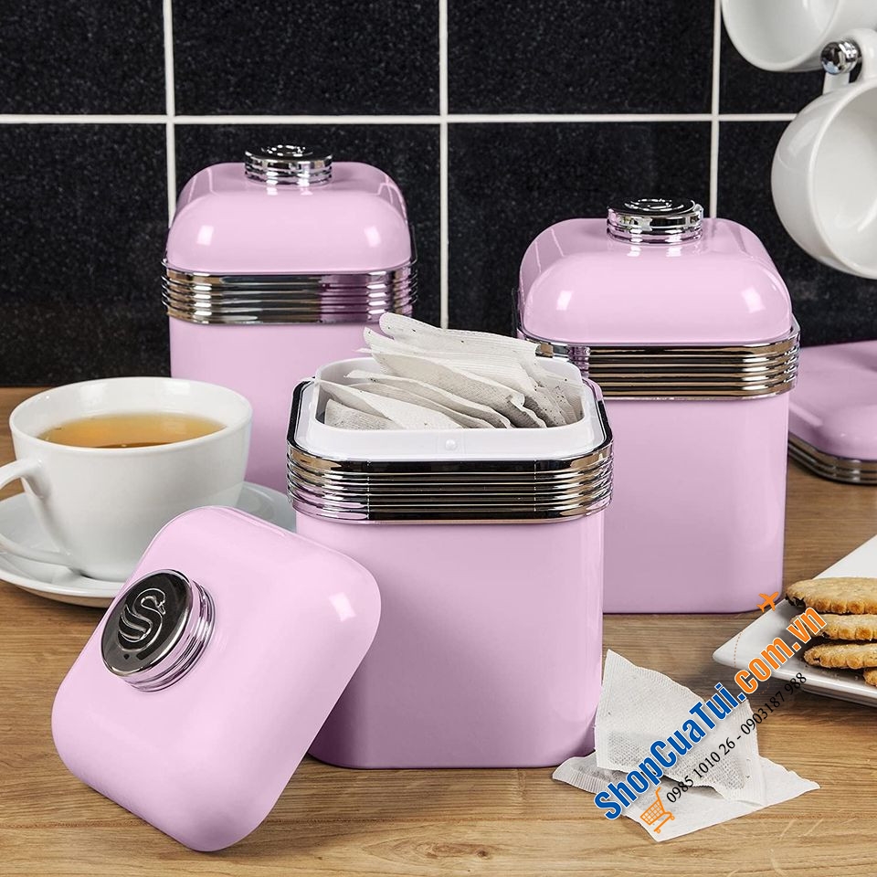 Set hộp đựng cafe, trà và đường Swan màu hồng siêu xinh