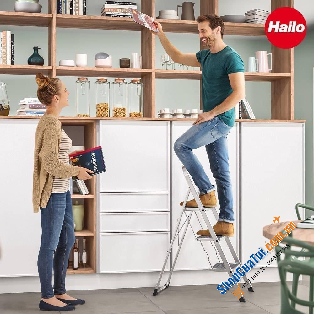 Thang nhôm Hailo 3 bậc - Thang gấp có chân chống và thảm chống trượt, chịu tải lên đến 150 kg, chiều cao làm việc lên đến 2,7 m