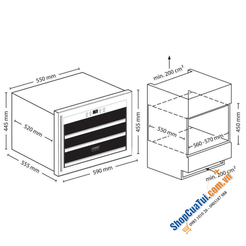 Tủ Bảo Quản Rượu Vang Âm Tủ CASO WineSafe 18 EB - 628 - Tủ rượu Caso 18 chai lắp âm - TRỮ RƯỢU CỰC SANG