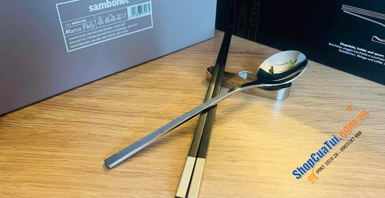 SET ĐŨA ĂN KÈM THÌA VÀ GÁC ĐŨA SAMBONET - Made in Italy - gồm: 1 đôi đũa, 1 thìa , 1 gác đũa