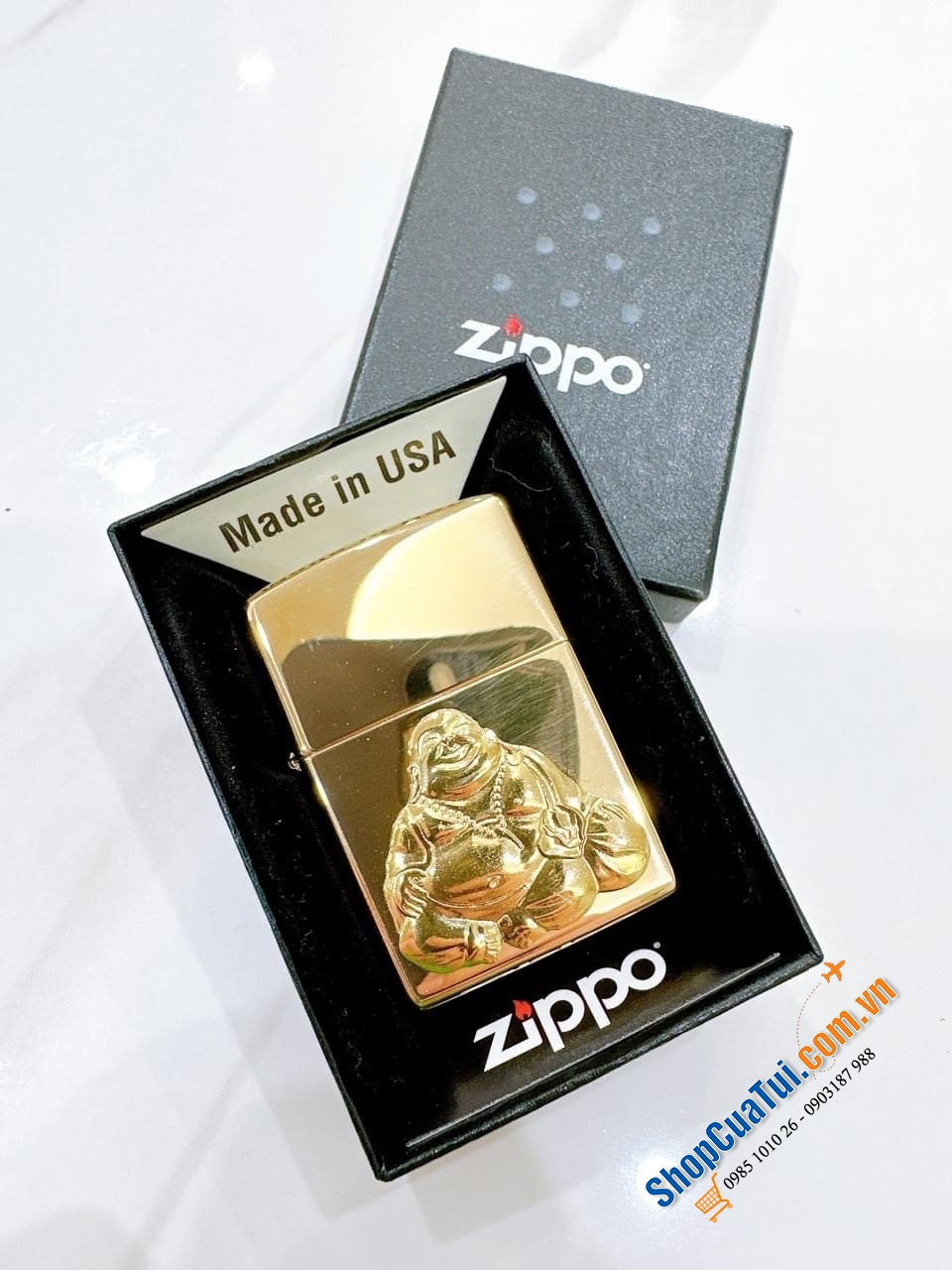 Bật lửa zippo thần tài - made in USA - Zippo Ông địa cười biểu tượng sung túc và an lạc