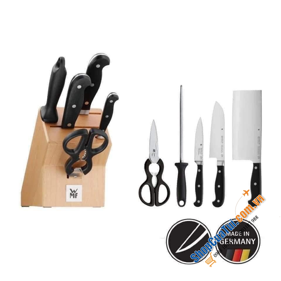 BỘ DAO 6 MÓN WMF PLUS PERFORMANCE CUT - MADE IN GERMANY - Cực kỳ tiện dụng có đủ cả mài, kéo, dao thái, dao chặt