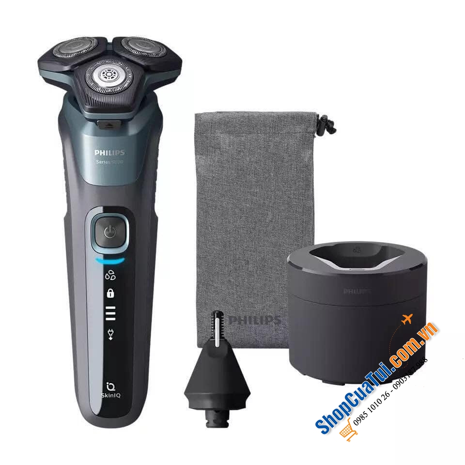 TRỌN BỘ 3 in 1: MÁY CẠO RÂU PHILIPS SR5 - Philips S5586/66 Series 5000 SkinIQ- XỊN SÒ + KÈM ĐỐC VỆ SINH + KÈM TỈA LÔNG MŨI, LÔNG TAI