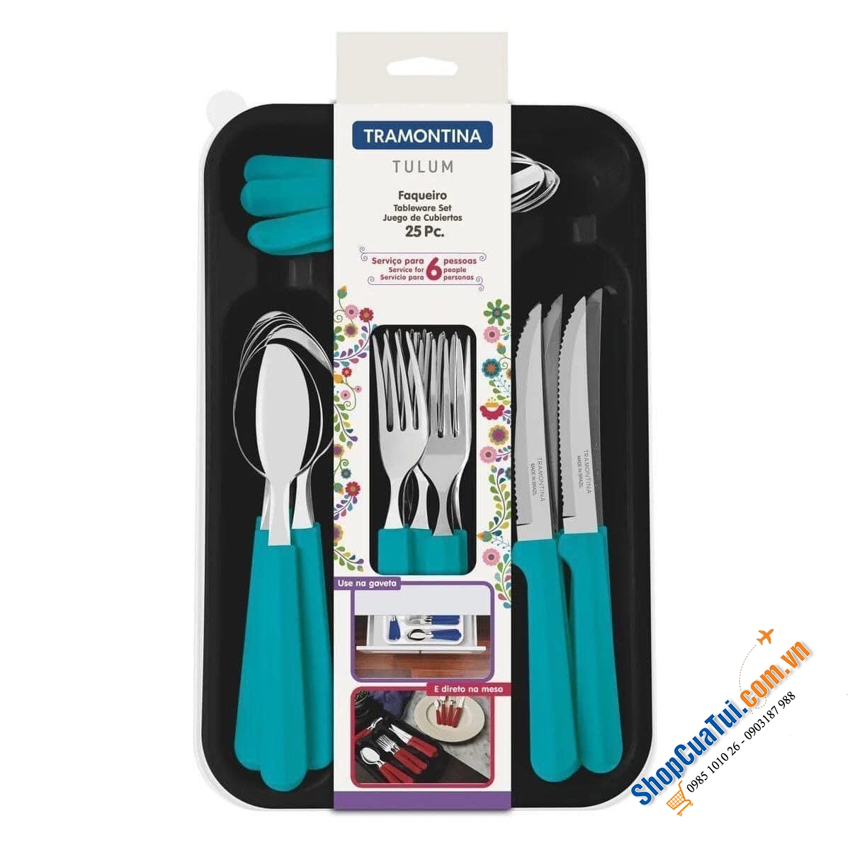Bộ Dao thìa dĩa bàn ăn Tramontina TULUM 25 món xuất xứ Brazil với 3 màu: Đỏ, xanh biển, xanh coban Bộ sản phẩm gồm:
