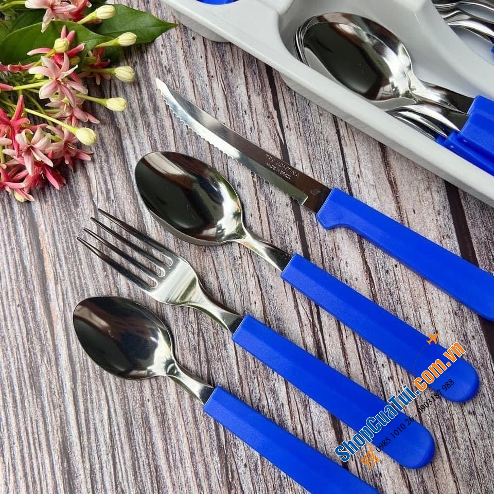Bộ Dao thìa dĩa bàn ăn Tramontina TULUM 25 món xuất xứ Brazil với 3 màu: Đỏ, xanh biển, xanh coban Bộ sản phẩm gồm: