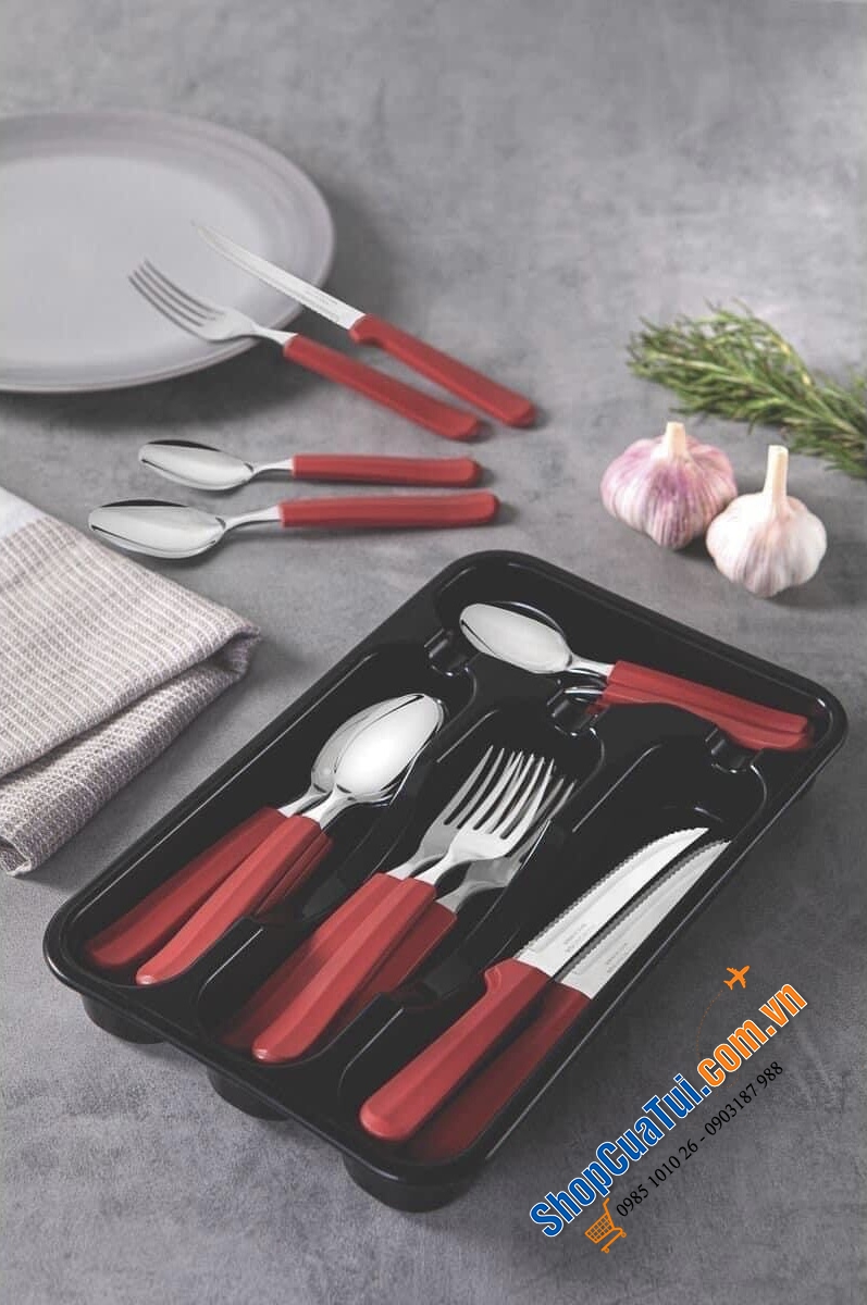 Bộ Dao thìa dĩa bàn ăn Tramontina TULUM 25 món xuất xứ Brazil với 3 màu: Đỏ, xanh biển, xanh coban Bộ sản phẩm gồm: