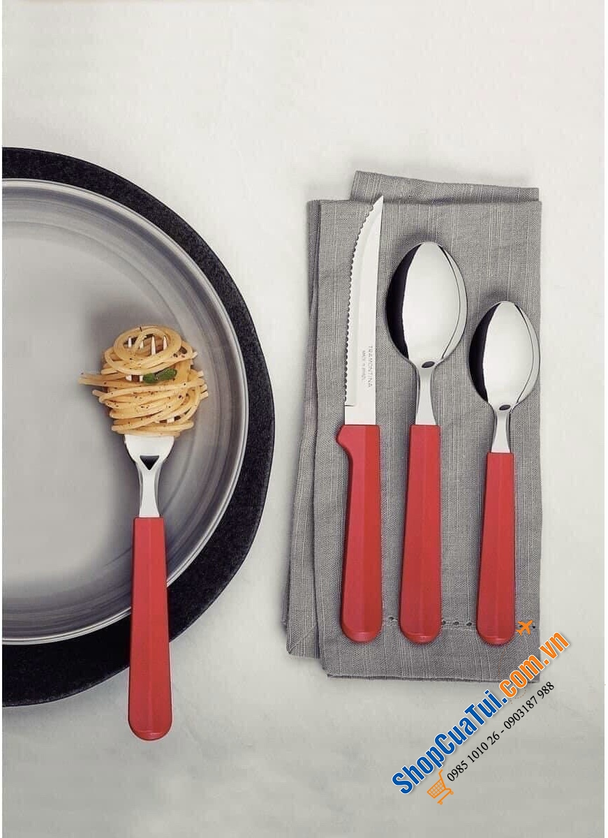 Bộ Dao thìa dĩa bàn ăn Tramontina TULUM 25 món xuất xứ Brazil với 3 màu: Đỏ, xanh biển, xanh coban  Bộ sản phẩm gồm: