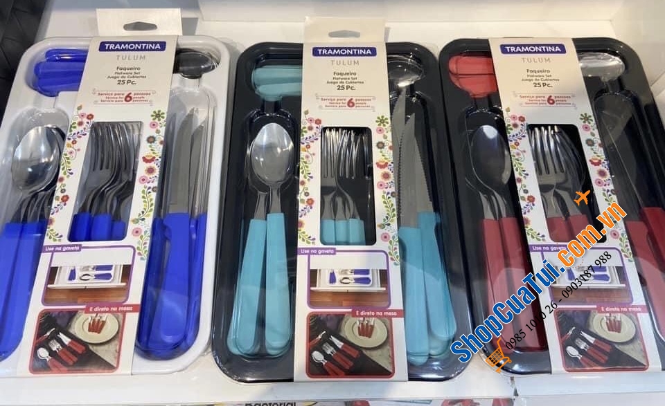 Bộ Dao thìa dĩa bàn ăn Tramontina TULUM 25 món xuất xứ Brazil với 3 màu: Đỏ, xanh biển, xanh coban Bộ sản phẩm gồm: