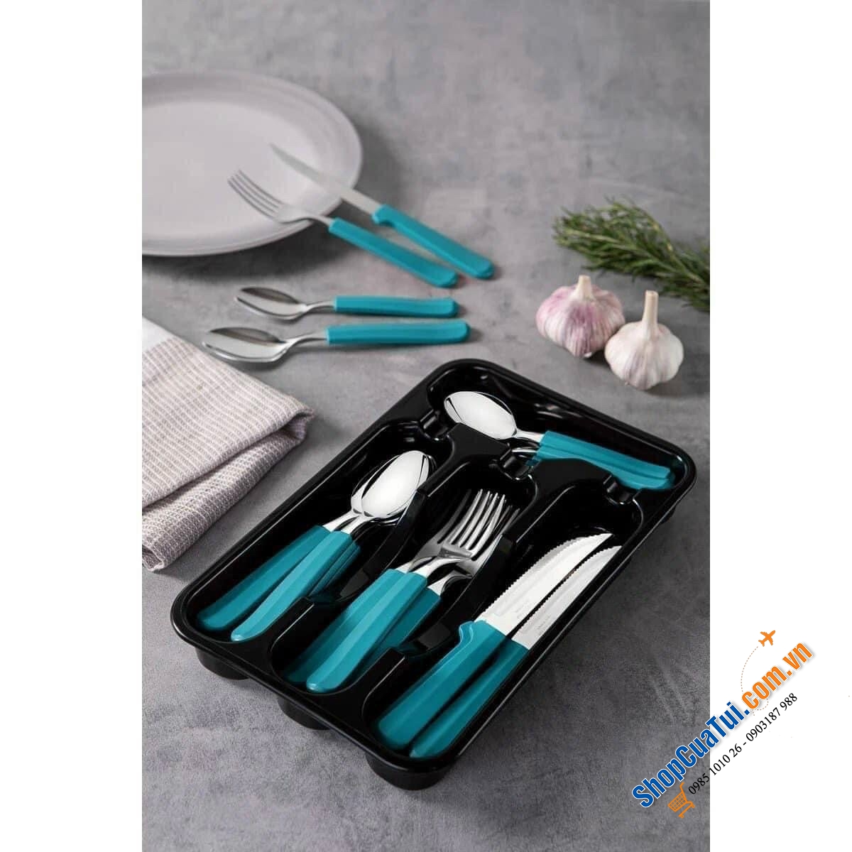 Bộ Dao thìa dĩa bàn ăn Tramontina TULUM 25 món xuất xứ Brazil với 3 màu: Đỏ, xanh biển, xanh coban Bộ sản phẩm gồm: