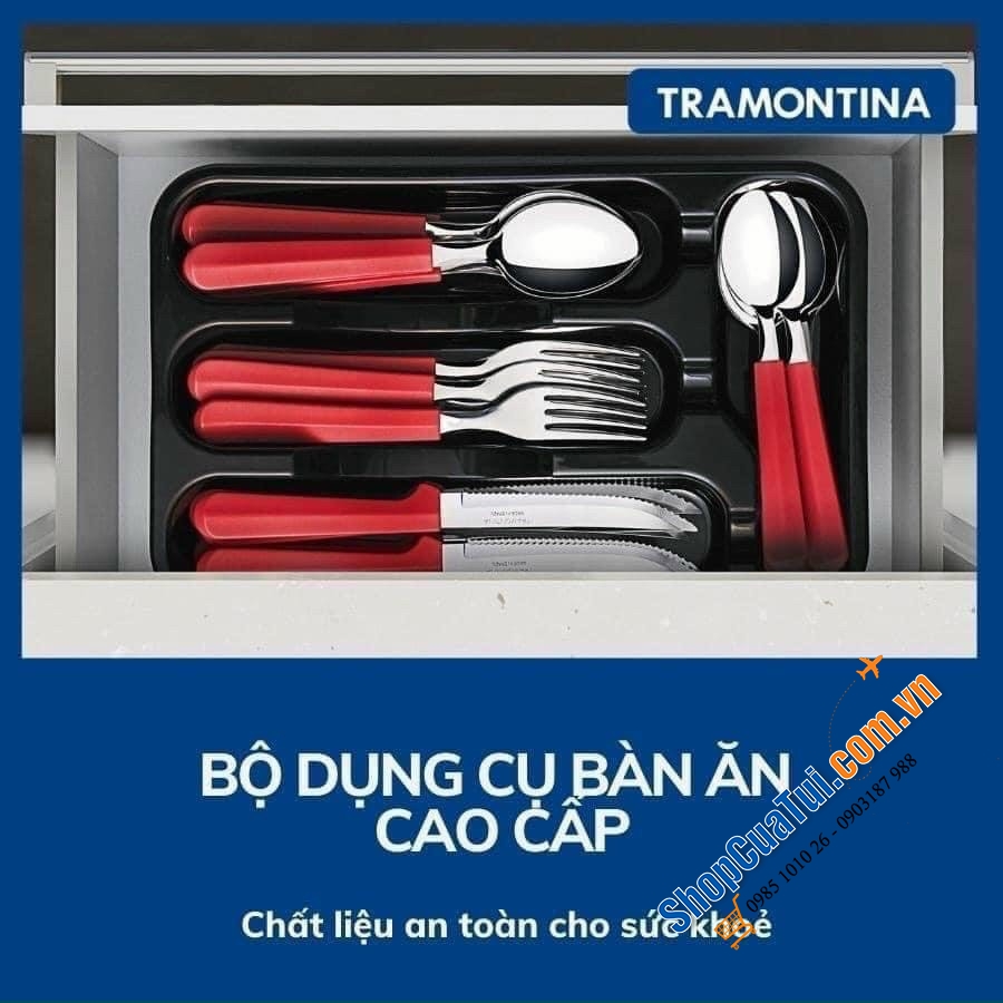 Bộ Dao thìa dĩa bàn ăn Tramontina TULUM 25 món xuất xứ Brazil với 3 màu: Đỏ, xanh biển, xanh coban Bộ sản phẩm gồm: