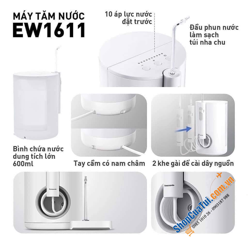 MÁY TĂM NƯỚC PANASONIC EW1611 với 10 áp lực nước + 2 đầu tăm phun, được khuyến khích đặc biệt cho những người chỉnh hình răng miệng, niềng răng, viêm nướu, lợi, răng mọc chệch...