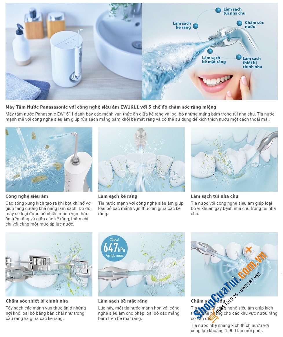 MÁY TĂM NƯỚC PANASONIC EW1611 với 10 áp lực nước + 2 đầu tăm phun, được khuyến khích đặc biệt cho những người chỉnh hình răng miệng, niềng răng, viêm nướu, lợi, răng mọc chệch...