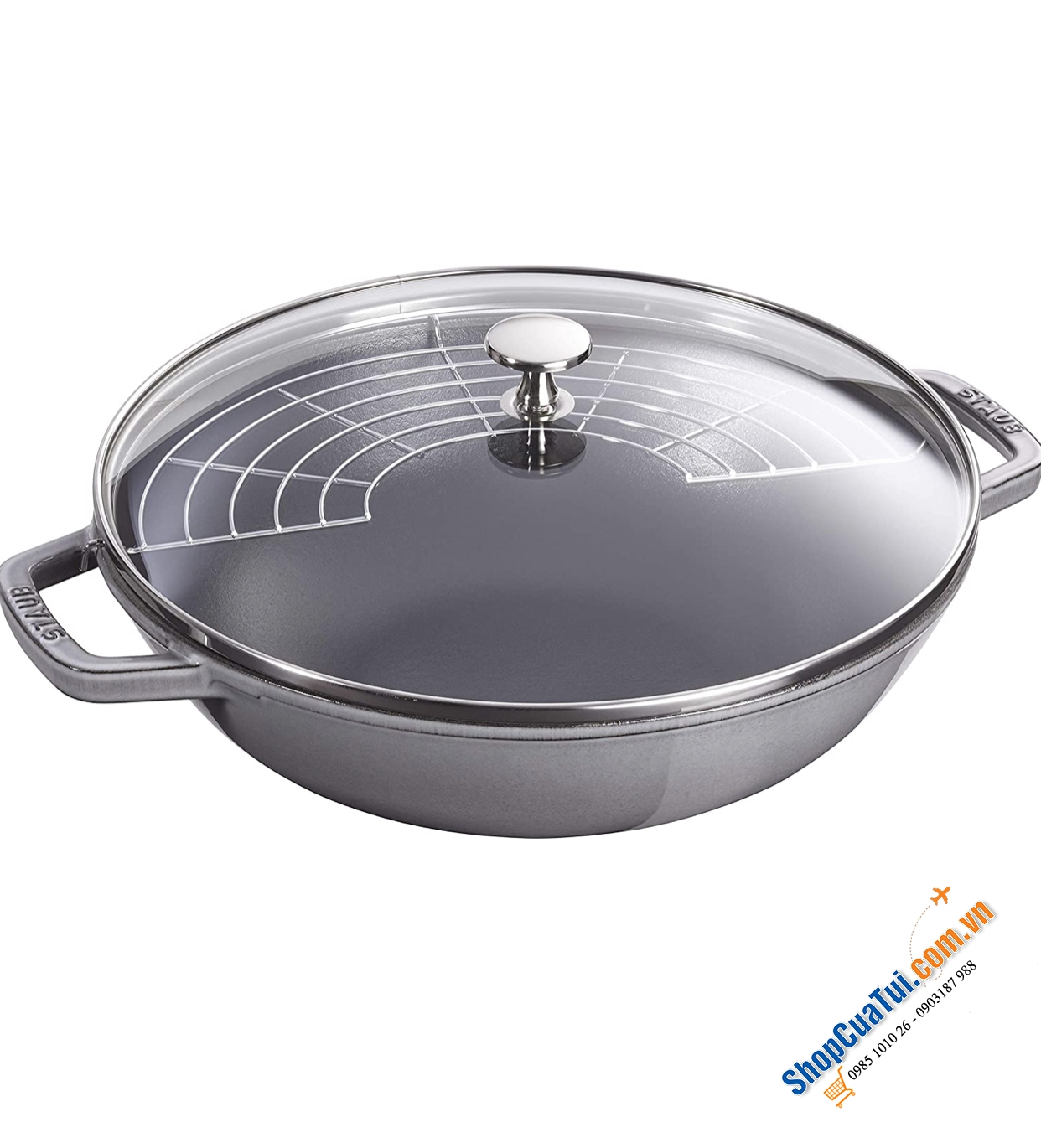 CHẢO GANG XÀO RÁN STAUB 30 CM KÈM VỈ RÁO DẦU, CÓ VUNG KÍNH, MÀU XÁM - Made in France - staub cast iron wok, grey, 30 cm